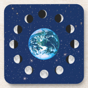 Earth and Moon Phases, on a Background of Stars Coaster