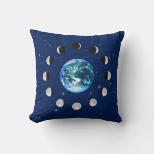 Earth and Moon Phases, on a Background of Stars Cushion