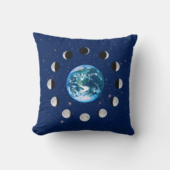 Earth and Moon Phases, on a Background of Stars Cushion (Front)
