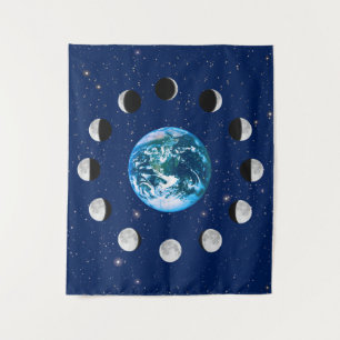 Earth and Moon Phases, on a Background of Stars Tapestry