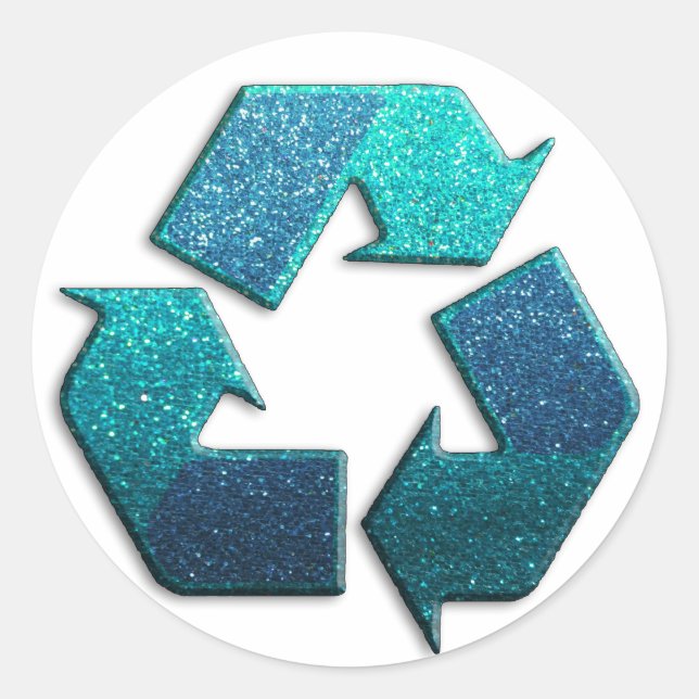 Earth Climate Change Blue Glitter Recycle Symbol   Classic Round Sticker (Front)