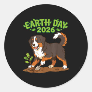 Earth Day 2026 Cute Bernese Mountain Dog Planting  Classic Round Sticker