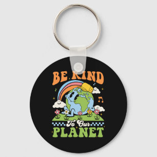 Earth Day Be Kind To Our Planet Retro Groovy Earth Key Ring