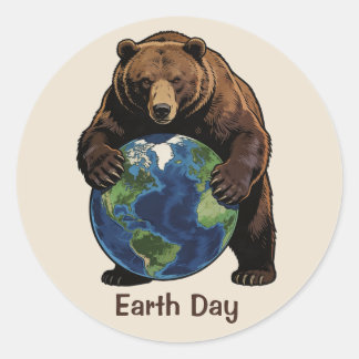 Earth Day Bear Hugging Planet Design Classic Round Sticker