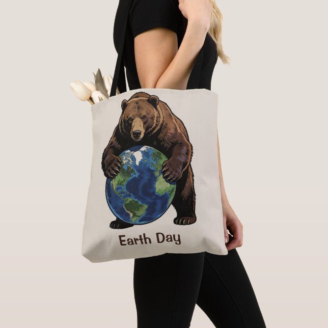Earth Day Bear Hugging Planet Design Tote Bag (Close Up)
