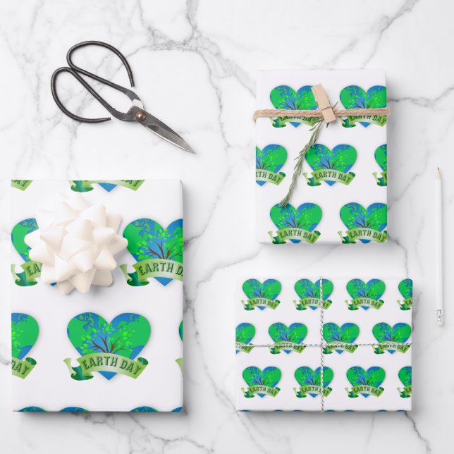 Earth Day Celebration Blue Green Heart Flat  Wrapping Paper Sheet (Front)