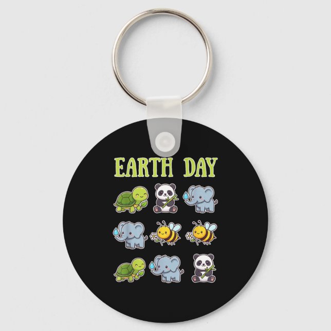 Earth Day Cute Animals Protect Planet Eco Friendly Key Ring (Front)
