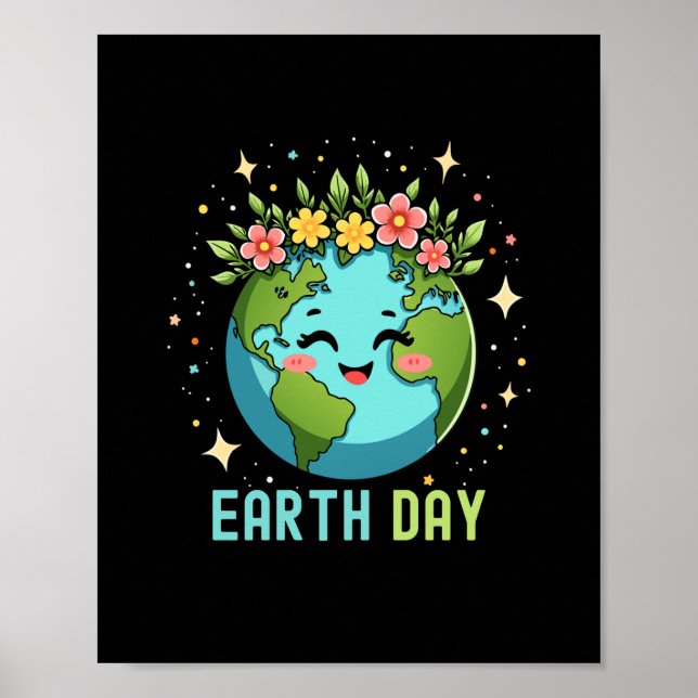 Earth Day Environment Cute Earth With Floral Poster (Front)