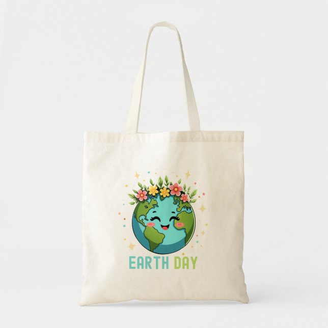 Earth Day Environment Cute Earth With Floral Tote Bag (Front)