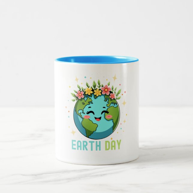 Earth Day Environment Cute Earth With Floral Two-Tone Coffee Mug (Center)