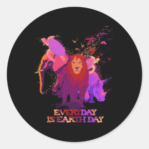 Earth Day Every Day Love Elephant Turtles Lion Rhi Classic Round Sticker