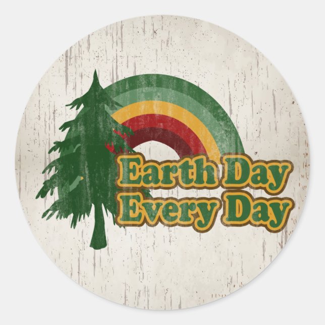 Earth Day Every Day, Retro Rainbow Classic Round Sticker (Front)