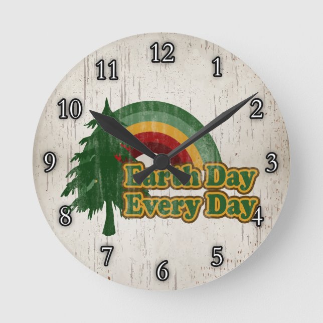 Earth Day Every Day, Retro Rainbow Round Clock (Front)