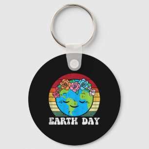 Earth Day Flowers Head Sunset Retro Women Girls Ki Key Ring
