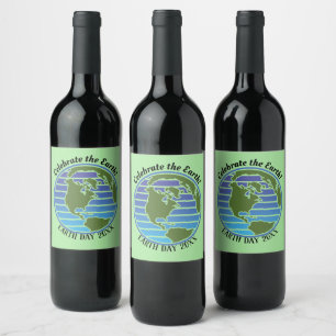 Earth Day Green Blue Globe Map Planet April 22 Wine Label