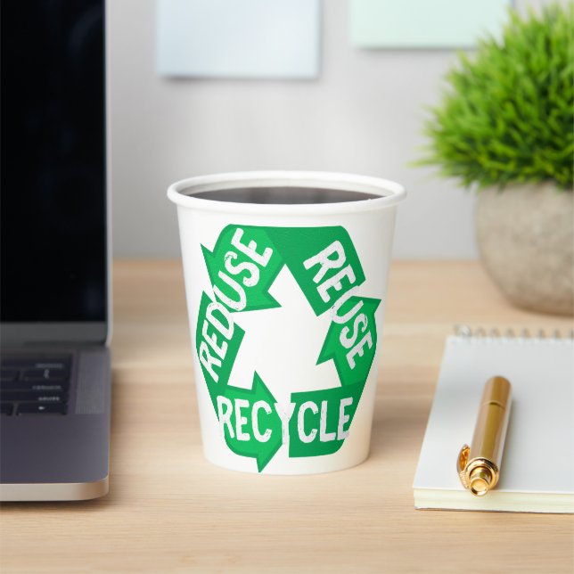 Earth Day Reduce Reuse Recycle Mobius Loop Paper Cups (Insitu)