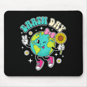 Earth day retro cute winking globe sneakers flower mouse pad