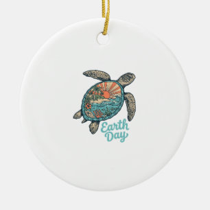 Earth Day Sea Turtle Vintage Engraving Shirt Desig Ceramic Ornament