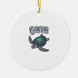 Earth Day Sea Turtle Vintage Engraving Shirt Desig Ceramic Ornament