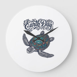 Earth Day Sea Turtle Vintage Engraving Shirt Desig Large Clock
