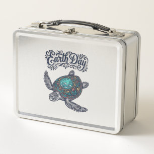 Earth Day Sea Turtle Vintage Engraving Shirt Desig Metal Lunch Box