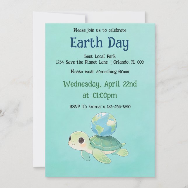 Earth Day Turtle with Globe Invitation (Front)