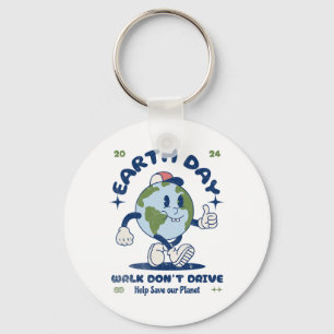 Earth Day Walk Don't Drive Cartoon Illustration  Key Ring
