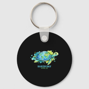 Earth day watercolor sea turtle globe shell save key ring