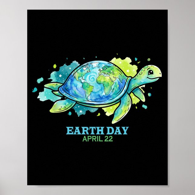 Earth day watercolor sea turtle globe shell save poster (Front)
