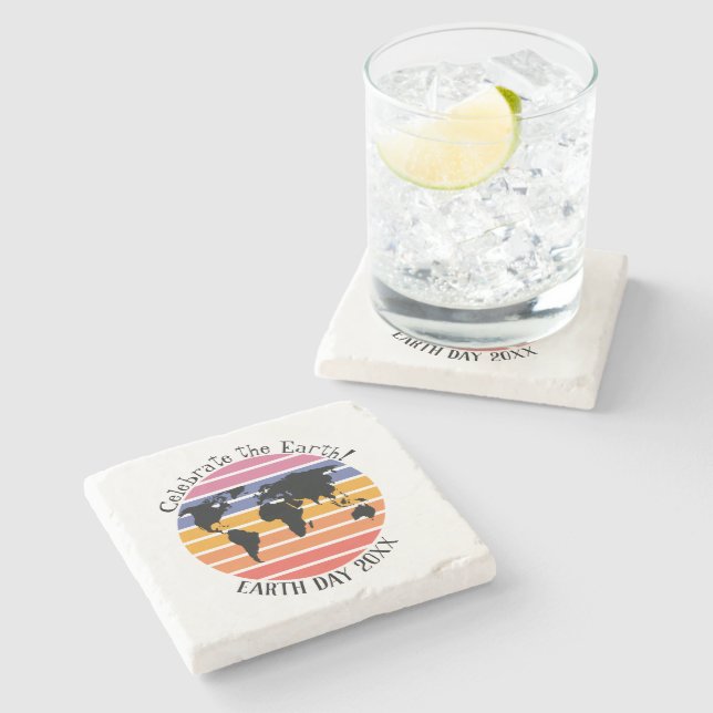 Earth Day World Map Retro Sunset Silhouette Stone Coaster (Side)