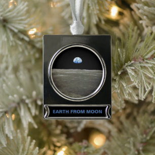 Earth from Moon in Black Space: Earthrise Silver Plated Banner Ornament