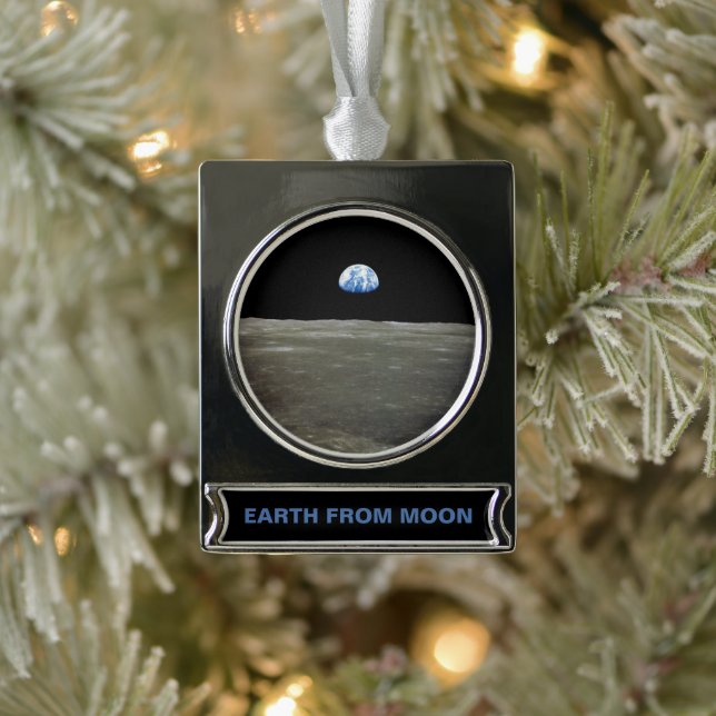 Earth from Moon in Black Space: Earthrise Silver Plated Banner Ornament (Tree)
