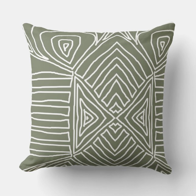 earth green Tribal Maze Mud Cloth Pattern African Cushion (Front)