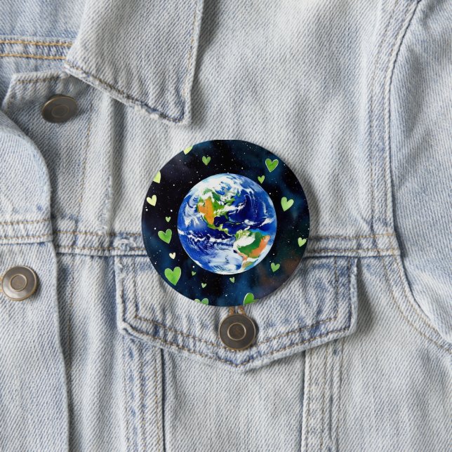 Earth Love Button - Planet with Green Hearts Pin (In Situ)