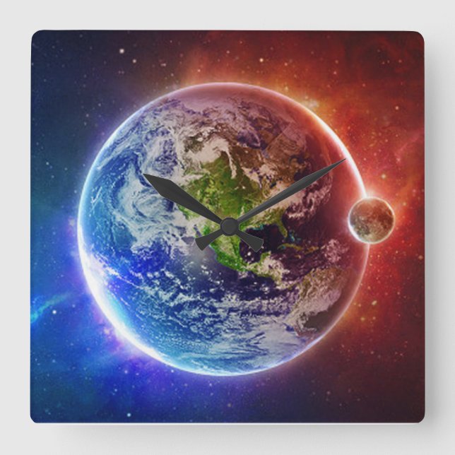 Earth & Moon Square Wall Clock (Front)