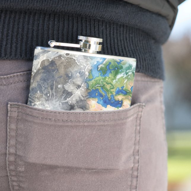 Earth & Moon Watercolor Galaxy Celestial Design Hip Flask (In Situ)