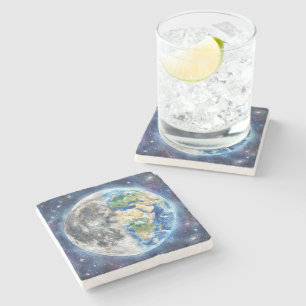 Earth & Moon Watercolor Galaxy Celestial Design Stone Coaster