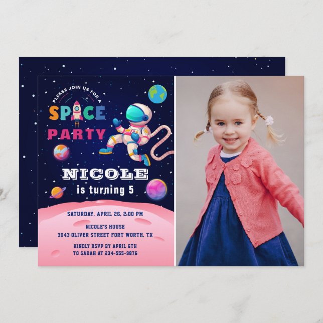 Earth Outer Space Astronaut Galaxy Birthday Photo Invitation (Front/Back)