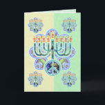 Earth Peace Menorah Chanukah Cards<br><div class="desc">Menorah with peace symbol in earth pattern. Chanukah design. Green and yellow cards -- customise your greeting inside.  Inside text reads "Happy Chanukah" -- or you can change to anything you wish.  Art on every side.</div>