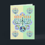 Earth Peace Menorah Chanukah Cards<br><div class="desc">Menorah with peace symbol in earth pattern. Chanukah design. Green and yellow cards -- customise your greeting inside.  Inside text reads "Happy Chanukah" -- or you can change to anything you wish.  Art on every side.</div>