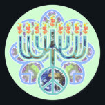 Earth Peace Menorah Stickers<br><div class="desc">Menorah with peace symbol in earth pattern. Chanukah design.</div>