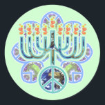 Earth Peace Menorah Stickers<br><div class="desc">Menorah with peace symbol in earth pattern. Chanukah design.</div>