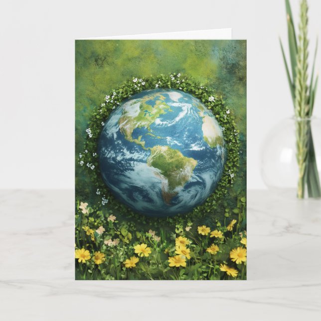 Earth Planet Grass Flowers Holiday Card (Front)