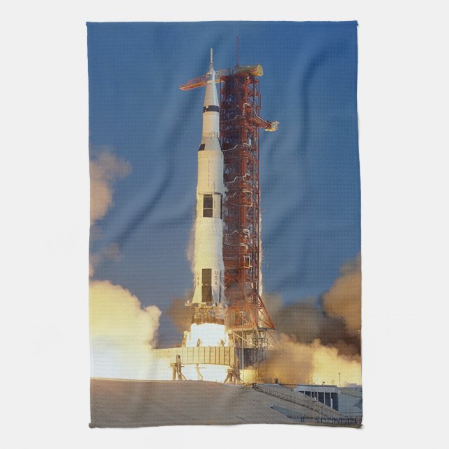 Earth Shakes as Saturn V Blazes Skyward to Moon Tea Towel (Vertical)