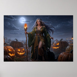 Earth Sorceress of the Moonlit Pumpkin Patch Poster