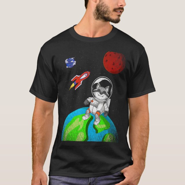 Earth Space Forest Animal Rocket Astronaut Racoon T-Shirt (Front)