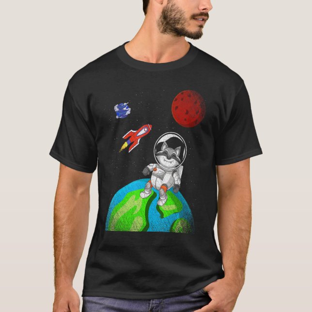 Earth Space Forest Animal Rocket Astronaut Racoon T-Shirt (Front)
