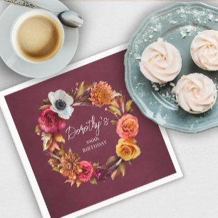 Earth Tone Burgundy Fall Flowers 100th Birthday Napkin
