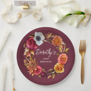 Earth Tone Burgundy Fall Flowers 100th Birthday Paper Plate
