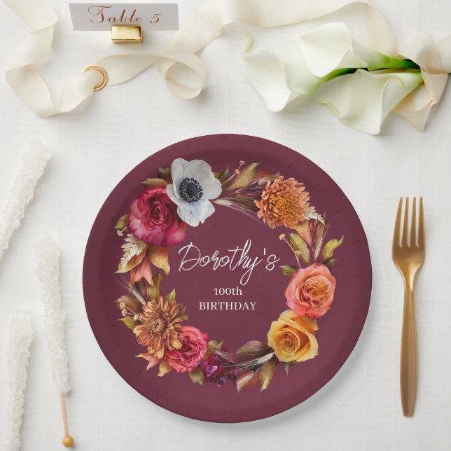 Earth Tone Burgundy Fall Flowers 100th Birthday Paper Plate (Wedding)